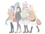  4girls :d alternate_costume bag blonde_hair blue_hair boots earmuffs food gas_can gloves green_eyes green_hair hair_flaps hair_ornament hair_ribbon hairclip kantai_collection kneehighs long_hair mikeco mittens multiple_girls open_mouth pan pantyhose paper_bag pink_hair pleated_skirt ponytail red_eyes ribbon samidare_(kantai_collection) scarf shoes short_ponytail skirt smile steam thigh-highs tied_hair very_long_hair winter_clothes yura_(kantai_collection) yuubari_(kantai_collection) yuudachi_(kantai_collection) 