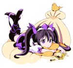  :t :x black_legwear bow calligraphy_brush cellphone cellphone_strap checkered checkered_skirt hair_bow hat himekaidou_hatate ichizen_(o_tori) lying on_back paintbrush phone pillow pointy_ears pout purple_eyes ribbon skirt solo thigh-highs thighhighs tokin_hat touhou twintails 