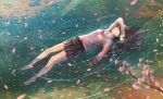  afloat bad_id barefoot blue_eyes blurry brown_hair cherry_blossoms depth_of_field flower jname letter lying original partially_submerged petals ripples solo tears water wet wet_clothes 