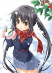  foreshortening k-on! long_hair mistletoe mittens nakano_azusa open_mouth red_eyes scarf school_uniform snow snow_bunny striped striped_scarf twintails umino_tomo 