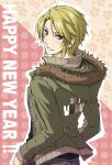  1boy 2011 alternate_outfit blonde_hair blue_eyes blush bunny casual coat earring earrings fur happy_new_year hood jeans jewelry link male new_year nintendo original pointy_ears rabbit short_hair smile solo teru_suzu the_legend_of_zelda winter_clothes winter_coat zipper 