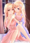  bare_legs blonde_hair blue_eyes blush brown_eyes finger_to_mouth hair_ornament highres incest long_hair multiple_girls nightgown off_shoulder original sena_chifuyu siblings sisters yuri 