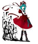  absurdres aqua_hair aura bad_id blue_eyes boots buckle cross-laced_footwear dress frills front_ponytail hair_ribbon highres kagiyama_hina lace maki_(huran) open_mouth ribbon touhou 