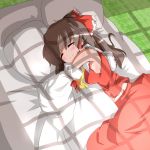  :3 black_hair blush body_blush body_pillow bow breasts brown_hair closed_eyes dakimakura_(object) eyes_closed fueiku futon hair_bow hair_tubes hakurei_reimu happy long_hair lying no_bra on_side pillow pillow_hug sideboob smile solo sunlight touhou window_shade 