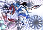  armband back-to-back blue_eyes cape daniyyel+jennifer dual_wielding gloves kanata_ryou long_hair magica) magical_girl mahou_shoujo_madoka_magica miki_sayaka multiple_girls polearm ponytail railroad_tracks red_hair redhead sakura_kyouko sebastians_(madoka_magica) short_hair spear sword television thigh-highs thighhighs weapon wheels zettai_ryouiki 