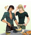  2boys barnaby_brooks_jr blonde_hair brown_eyes brown_hair carrot cooking cutting_board facial_hair fried_rice frying_pan glasses green_eyes jewelry kaburagi_t_kotetsu knife male mayonnaise mocu00 multiple_boys musical_note necklace short_hair spoon stubble t-shirt thinking tiger_&amp;_bunny 