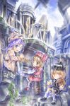  barrel blonde_hair brown_eyes brown_hair chibi crescent hat highres instrument lunasa_prismriver lyrica_prismriver merlin_prismriver multiple_girls nagayo pipe_organ purple_eyes purple_hair siblings sitting touhou trumpet violet_eyes violin yellow_eyes 