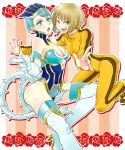  bare_shoulders blonde_hair blue_eyes blue_hair blue_rose_(tiger_&amp;_bunny) boots breasts bruce_lee&#039;s_jumpsuit bruce_lee's_jumpsuit cleavage earrings elbow_gloves gloves green_eyes hat high_heels huang_baoling jewelry karina_lyle lipstick makeup multiple_girls pointing shoes short_hair sneakers superhero thigh-highs thigh_boots thighhighs tiger_&amp;_bunny tmsk wink 
