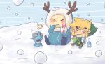  antlers belt blonde_hair boots chuchu closed_eyes cold eating eyes_closed fairy ice link nintendo phantom_hourglass pointy_ears short_hair sitting smile snow snowing the_legend_of_zelda toon_link tsutsuji tunic wind_waker wings winter 