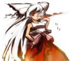  absurdres bow cigarette fire flame fujiwara_no_mokou hair_bow hair_over_one_eye hand_in_pocket highres red_eyes simple_background smoking solo tank_top touhou yuzmit 