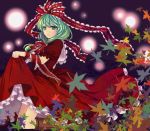  dress dress_lift frills green_eyes green_hair hair_bow kagiyama_hina leaf mou-nanimo parted_lips ribbon slip_skirt touhou 