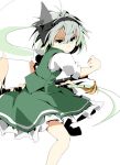  alternate_eye_color bad_id dress fighting_stance green_dress green_eyes hairband hitodama katana konpaku_youmu konpaku_youmu_(ghost) la-do looking_at_viewer pose scabbard sheath sheathe sheathed short_hair silver-hair silver_hair simple_background skirt solo sword touhou vest weapon 