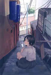  brown_eyes cellphone from_behind highres looking_back original phone pikomaro school_uniform short_hair short_sleeves sitting skirt solo stairs 