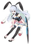  breasts bunny_ears cccpo cleavage fake_animal_ears gloves hairband high_heels long_hair looking_at_viewer navel navel_cutout original red_eyes shoes silver_hair simple_background smile solo weapon 
