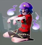  asa_fuyu blue_eyes blue_hair ghost graveyard hat hitodama jiangshi kneeling miyako_yoshika ofuda outstretched_arms short_hair sitting skirt solo star tombstone touhou wariza zombie_pose 