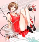  breasts brown_eyes brown_hair cleavage dress flapper_girl high_heels jewelry lipstick makeup meiko microphone necklace okeya_(ol23) red_dress red_lipstick ribbon shoes short_hair smile solo vocaloid 