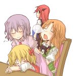  bat_wings blanket blonde_hair blush book bow braid brown_hair bubble chair china_dress chinese_clothes closed_eyes eyes_closed flandre_scarlet hair_bow head_rest head_wings hong_meiling koakuma long_hair multiple_girls natsuk no_hat no_headwear nose_bubble orange_hair purple_hair red_eyes red_hair redhead remilia_scarlet short_hair sigh sitting sitting_on_lap sitting_on_person sleeping smile snot_bubble the_embodiment_of_scarlet_devil touhou twin_braids wings 
