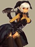  bad_id bat_wings black_legwear blush breasts cleavage collar dark_skin demon_girl dress elbow_gloves garter_straps gloves hat highres joypyonn lace lace-trimmed_thighhighs leaning_forward looking_at_viewer mabinogi pointy_ears red_eyes short_hair simple_background solo succubus succubus_(mabinogi) thigh-highs thighhighs white_hair wings 