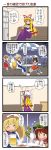  4koma ^_^ aki_shizuha animal_ears beer beer_mug blonde_hair blush brown_eyes brown_hair cat_ears cat_tail chair chen closed_eyes comic couch crossed_arms crowd dango dei_shirou dress elbow_gloves eyes_closed fang fish food fox_tail gloves grey_eyes hair_ornament hair_ribbon hat hat_with_ears highres leaf leaf_on_head multiple_girls multiple_tails open_mouth parasol plate purple_dress purple_eyes red_dress ribbon sitting stretch tabard table tail touhou translated translation_request umbrella violet_eyes wagashi white_dress white_gloves yakumo_ran yakumo_yukari 