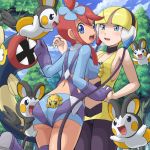  2girls ass blonde_hair blue_eyes blush breasts eelektrik emolga fuuro_(pokemon) joltik kamitsure_(pokemon) multiple_girls pantyhose pokemoa pokemon pokemon_(creature) pokemon_(game) pokemon_bw red_hair redhead shorts yuri 