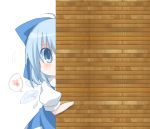  a_master_is_out ahoge around_corner bad_id blue_dress blue_eyes blue_hair blush bow chibi cirno daitirumoesu dress hair_bow heart highres peeking_out shirt short_hair solo touhou wings 