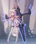  blue_eyes blush breasts cleavage cleavage_cutout highres huge_weapon long_hair looking_at_viewer original pigeon-toed pigeon_toed pink_hair solo standing thigh-highs thighhighs tougetsu_gou weapon white_legwear 