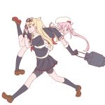  2girls carrying_over_shoulder fingerless_gloves gloves hair_flaps hair_ornament hair_ribbon hairclip harusame_(kantai_collection) kantai_collection kneehighs long_hair mikeco multiple_girls neckerchief pleated_skirt red_eyes ribbon scarf school_uniform serafuku shoes side_ponytail skirt sweatdrop yuudachi_(kantai_collection) 