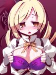  :o blonde_hair blush bra breasts cleavage drill_hair fingerless_gloves gloves hair_ornament hazumi_miruku large_breasts lingerie magical_girl mahou_shoujo_madoka_magica open_clothes open_mouth open_shirt shirt solo tomoe_mami underwear yellow_eyes 