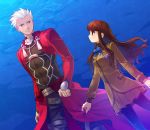  1girl archer brown_eyes brown_hair dark_skin fate/extra fate/stay_night fate_(series) female_protagonist_(fate/extra) grey_eyes long_hair pantyhose school_uniform tetsukuzu_tetsuko underwater white_hair 