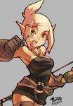  1girl arrow bare_shoulders belt black_dress blonde_hair blush_stickers boots bow_(weapon) breasts dated dress elf evangelyne freckles gloves green_eyes hair_ornament hairclip half_updo halterneck junkpuyo minidress open_mouth pointy_ears short_hair simple_background solo thigh-highs thigh_boots wakfu weapon 