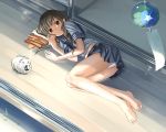  bare_legs barefoot black_eyes braid braids brown_hair feet fukumaru_(ns1) hanasaku_iroha highres katori_buta lying mosquito_coil on_side oshimizu_nako panties pantyshot pantyshot_(lying) pleated_skirt porch school_uniform seifuku serafuku skirt smile smoke solo twin_braids underwear veranda wind_chime 