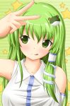  :q blush bust face frog green_eyes green_hair hair_ornament hair_tubes highres kochiya_sanae long_hair neats snake solo striped striped_background tongue touhou v 