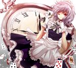  card cards clock falling_card gloves highres holding holding_card izayoi_sakuya maid maid_headdress playing_card red_eyes silver_hair solo the_embodiment_of_scarlet_devil touhou yuki_201 