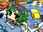  aqua_eyes blindfold blush_stickers book chan_co chibi clock futon green_hair gumi lying on_stomach pillow playstation_portable psp short_hair sick solo thermometer under_covers vocaloid wavy_mouth 