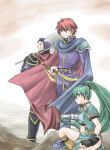  axe belt blue_eyes blue_hair boots cape eliwood fingerless_gloves fire_emblem fire_emblem:_rekka_no_ken green_eyes headband hector long_hair looking_back lyndis_(fire_emblem) ponytail redhead smile sword 