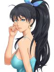  antenna_hair bare_shoulders black_hair blue_eyes breasts camisole earrings face ganaha_hibiki hair_ribbon hand_on_own_face hand_to_face hoop_earrings idolmaster jewelry lips long_hair looking_at_viewer ponytail profile ribbon simple_background solo tears yorimitsu 