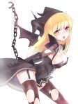  1girl blonde_hair blush breasts breath brown_legwear chain chains cleavage cozyquilt demon_girl dress elbow_gloves garter_straps gloves hat leaning_forward long_hair mabinogi orange_eyes see-through simple_background solo succubus succubus_(mabinogi) thighhighs tongue torn_thighhighs wings 