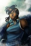  1girl avatar:_the_last_airbender bare_shoulders blue_eyes breasts brown_hair dark_skin detached_sleeves hair_tubes hand_on_hip highres korra large_breasts legend_of_korra long_hair ponytail solo taut_clothes taut_shirt tiuana_rui topknot watermark web_address 