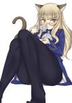 1girl bad_id blonde_hair blush cat_ears cat_tail cup glasses legs long_hair looking_at_viewer maru_(maruttona) maruttona military military_uniform panties panties_under_pantyhose pantyhose perrine_h_clostermann rimless_glasses saucer simple_background sitting solo strike_witches tail thighs underwear uniform yellow_eyes 