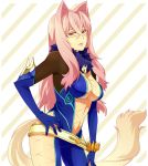  beltskirt bodysuit breasts cleavage enomoto_(luck-by-luck) glasses gloves hair_intakes hand_on_hip hips large_breasts legs long_hair pink_eyes pink_hair preza skin_tight smile solo tail tales_of_(series) tales_of_xillia thighs 