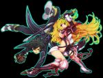  absurdres blonde_hair clenched_hand fist gloves gradient_hair highres jude_mathis long_hair midriff milla_maxwell multicolored_hair n_(no_bu) navel red_eyes short_hair skirt smile sword tales_of_(series) tales_of_xillia tubetop weapon yellow_eyes 