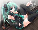  boots bow detached_sleeves green_eyes green_hair hair_bow hatsune_miku headset long_hair nagato_tamakichi necktie ponytail sitting skirt solo thigh-highs thigh_boots thighhighs vocaloid 