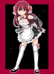  amane_(dream_c_club) bare_shoulders border bow bow_legwear detached_collar detached_sleeves dream_c_club dress hair_bow long_hair long_sleeves mochi_(artist) mochi_(circle_rin) puffy_sleeves red_eyes red_hair solo thighhighs white_legwear 