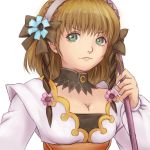  bad_id bow braid breasts brown_hair cleavage flower green_eyes hair_bow hair_flower hair_ornament hairband leia_roland multicolored_hair short_hair smile solo tales_of_(series) tales_of_xillia twin_braids two-tone_hair tyamaguch 