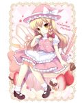  blush candy chocolate cookie english fruit hair_bow hair_ribbon hat highres kirisame_marisa long_hair mary_janes mushroom open_mouth ribbon single_braid sitting solo strawberry suama sweet_lolita touhou witch witch_hat yellow_eyes 