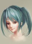  brown_eyes chenkiyui eyelashes face hatsune_miku light_smile lips portrait realistic signature simple_background smile twintails vocaloid 