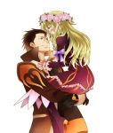  1girl adult alvin_(tales_of_xillia) blonde_hair blush brown_eyes brown_hair carrying coat elise_lutas elise_lutus eye_contact face-to-face face_to_face flower gloves hair_flower hair_ornament height_difference kazu_sanbon long_hair looking_at_another ribbon rose short_hair simple_background tales_of_(series) tales_of_xillia white_background 