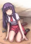  baseball_bat black_legwear blood blood_stain blush kirishima_shouko kneehighs long_hair looking_at_viewer nail nail_bat necktie open_mouth purple_eyes purple_hair school_uniform sitting skirt solo tea_(artist) violet_eyes weapon 