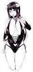  1girl breasts bridal_gauntlets choker claw_pose cleavage demon_girl demon_horns glasses heart_cutout horns large_breasts long_hair mole mole_under_eye navel open_mouth panties sasamori_tomoe side-tie_panties simple_background solo succubus tongue tongue_out underwear white_background 