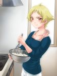  1girl blonde_hair bowl brown_eyes casual cooking erwin girls_und_panzer kitchen rinoko short_hair stove whisk 